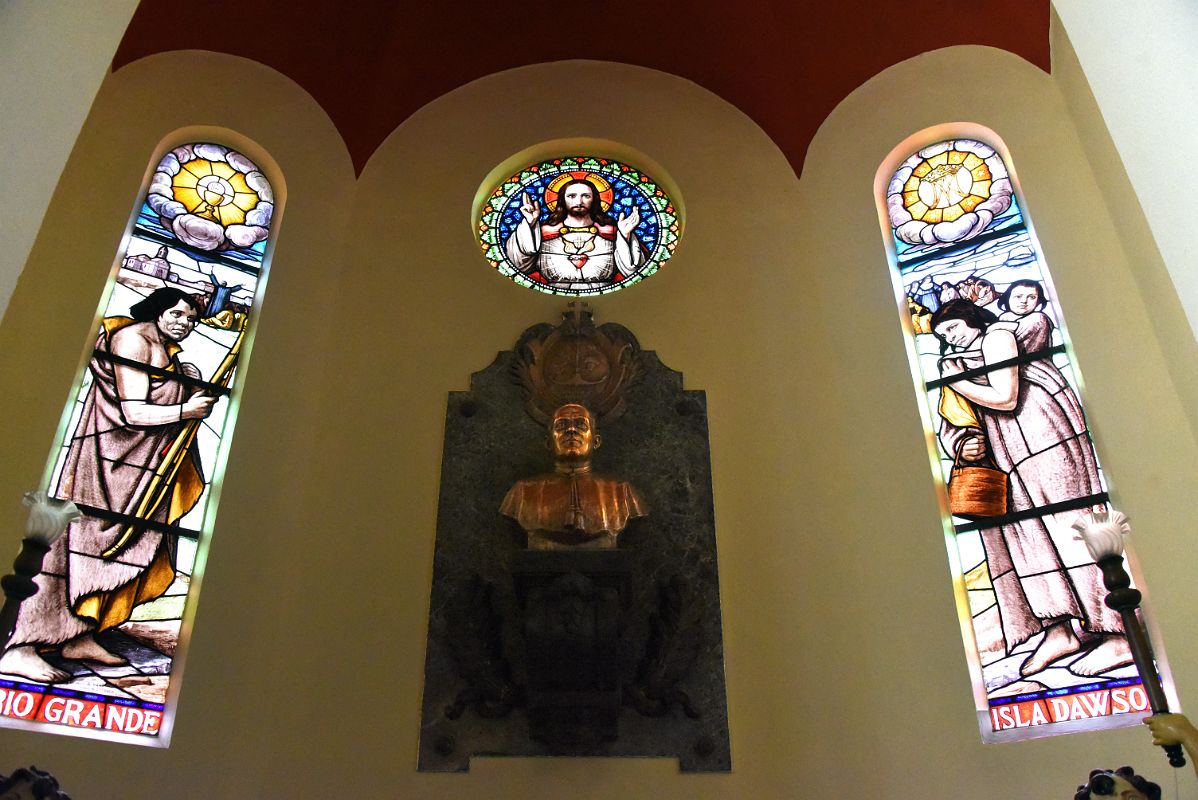 02E Monument To Monsignor Jose Fagnano With Jesus In Stained Glass Above In The Sacred Heart Cathedral In Punta Arenas Chile